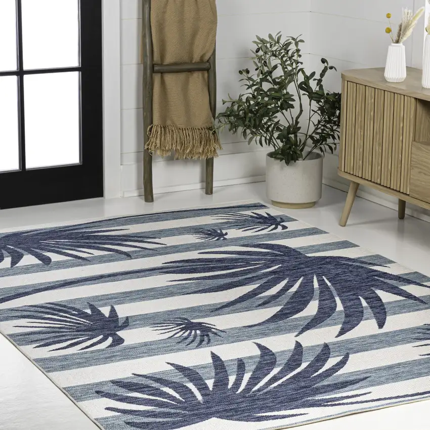 Navy Blue And Cream Floral Indoor Outdoor Area Rug Photo 3