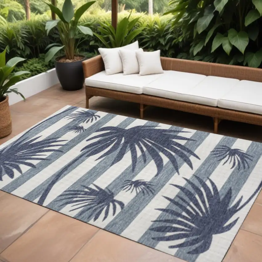 Navy Blue And Cream Floral Indoor Outdoor Area Rug Photo 1