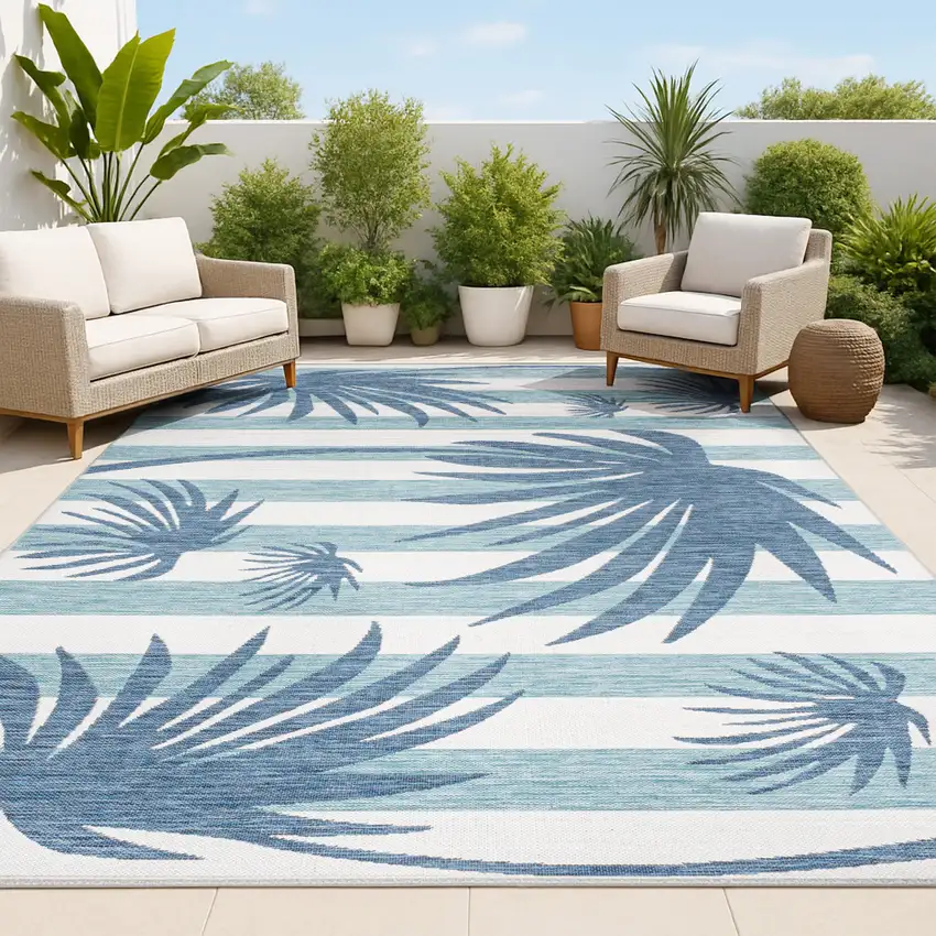 Navy Blue And Cream Floral Indoor Outdoor Area Rug Photo 3