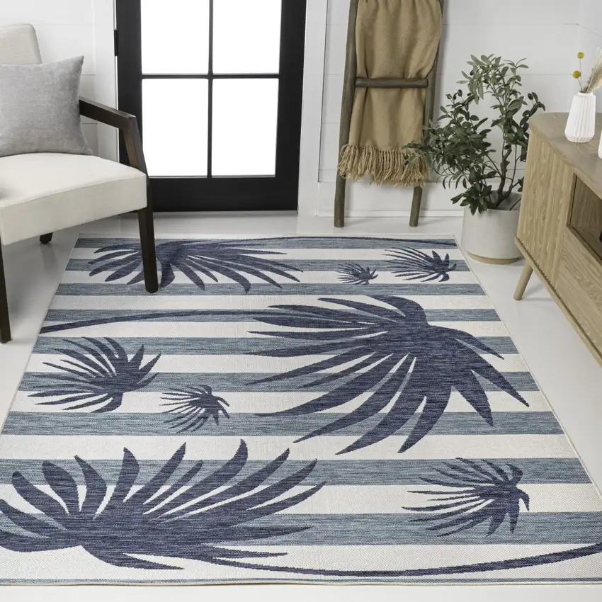 Navy Blue And Cream Floral Indoor Outdoor Area Rug Photo 5