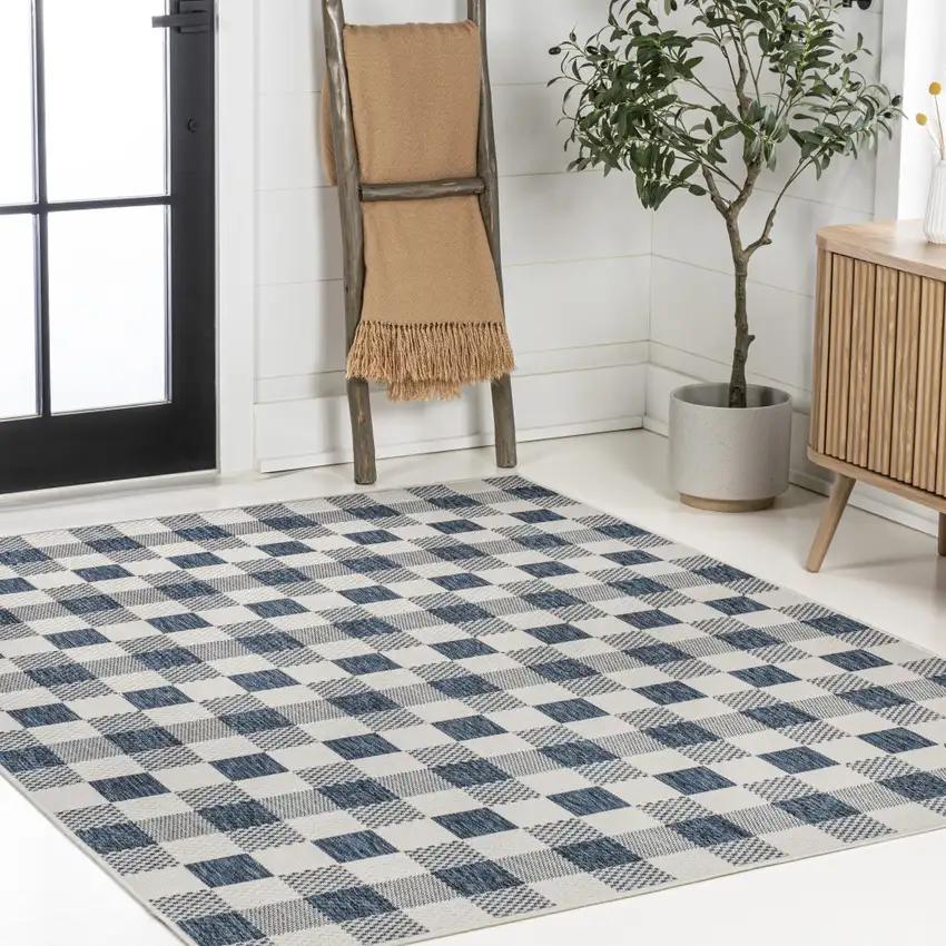 Navy Blue And Cream Geometric Indoor Outdoor Area Rug Photo 8
