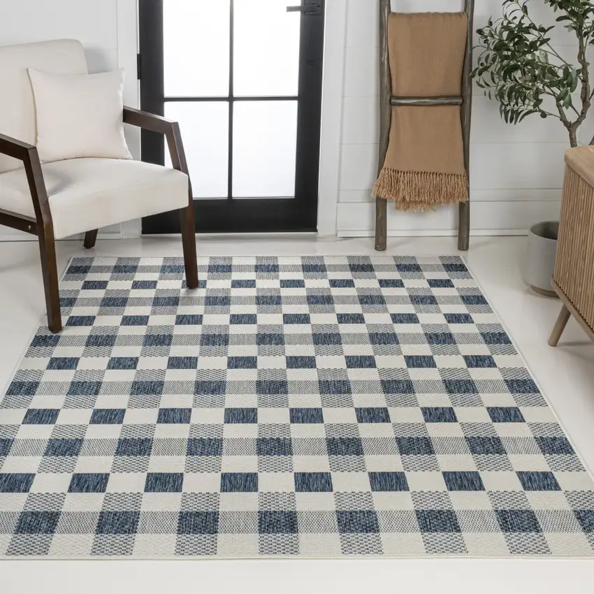 Navy Blue And Cream Geometric Indoor Outdoor Area Rug Photo 7