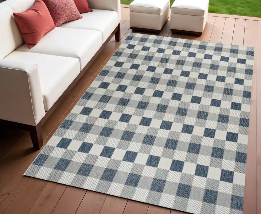 Navy Blue And Cream Geometric Indoor Outdoor Area Rug Photo 1