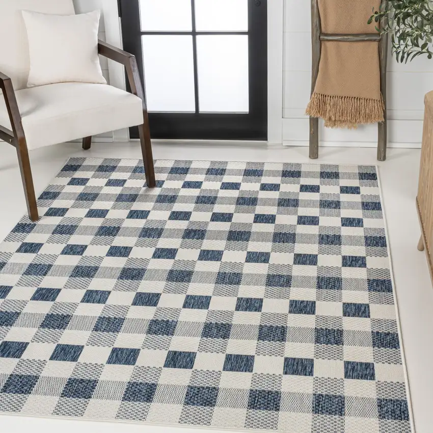 Navy Blue And Cream Geometric Indoor Outdoor Area Rug Photo 5
