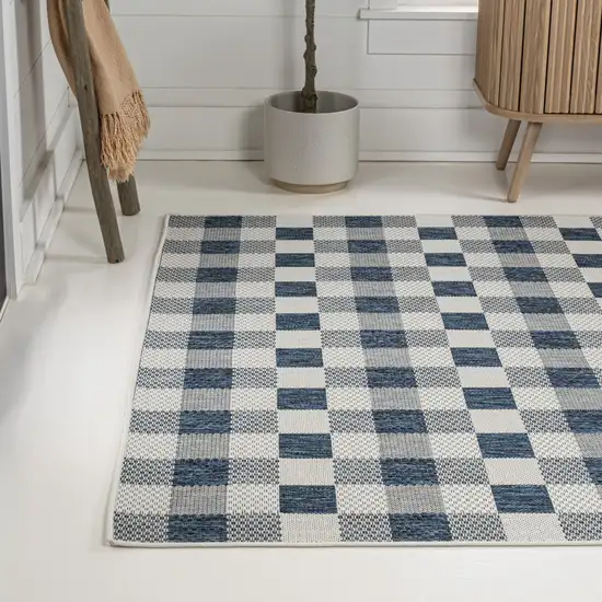 Navy Blue And Cream Geometric Indoor Outdoor Area Rug Photo 6