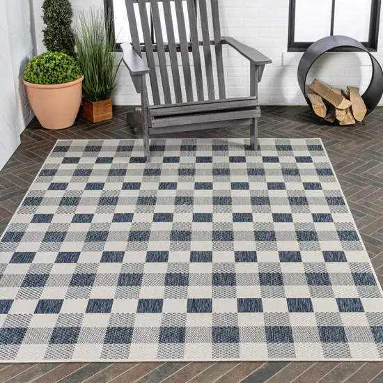 Navy Blue And Cream Geometric Indoor Outdoor Area Rug Photo 9