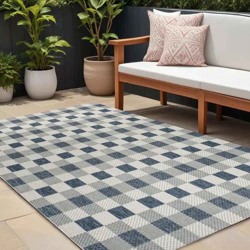 Navy Blue And Cream Geometric Indoor Outdoor Area Rug Photo 1