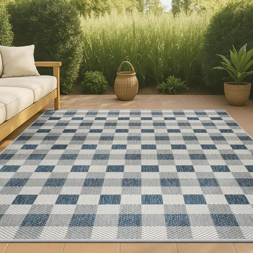 Navy Blue And Cream Geometric Indoor Outdoor Area Rug Photo 4