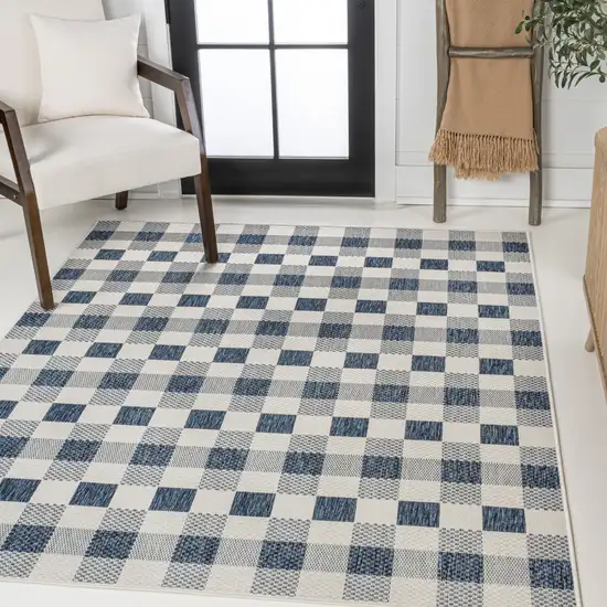 Navy Blue And Cream Geometric Indoor Outdoor Area Rug Photo 5