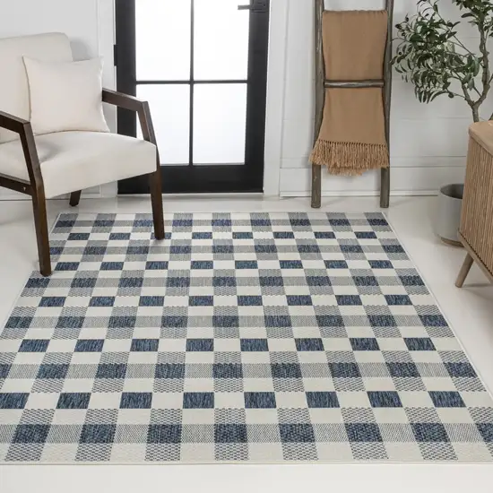 Navy Blue And Cream Geometric Indoor Outdoor Area Rug Photo 7