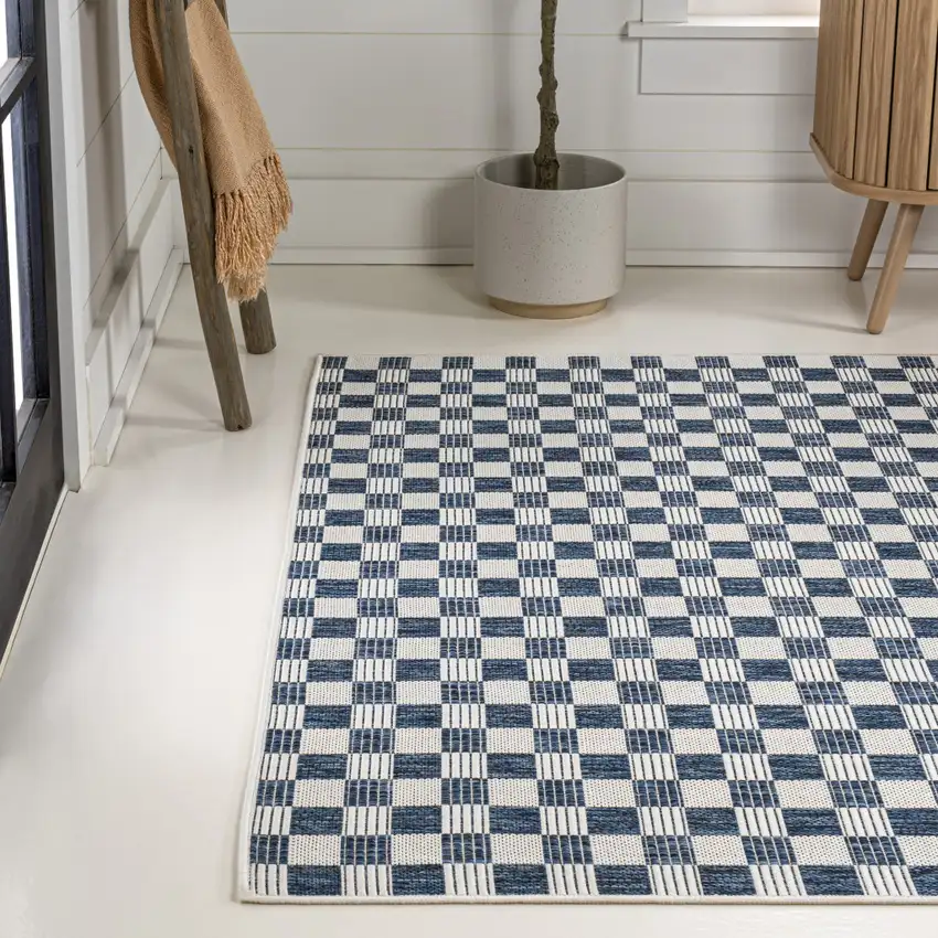 Navy Blue And Cream Geometric Indoor Outdoor Area Rug Photo 6