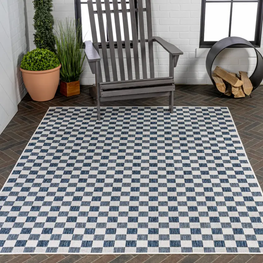 Navy Blue And Cream Geometric Indoor Outdoor Area Rug Photo 9
