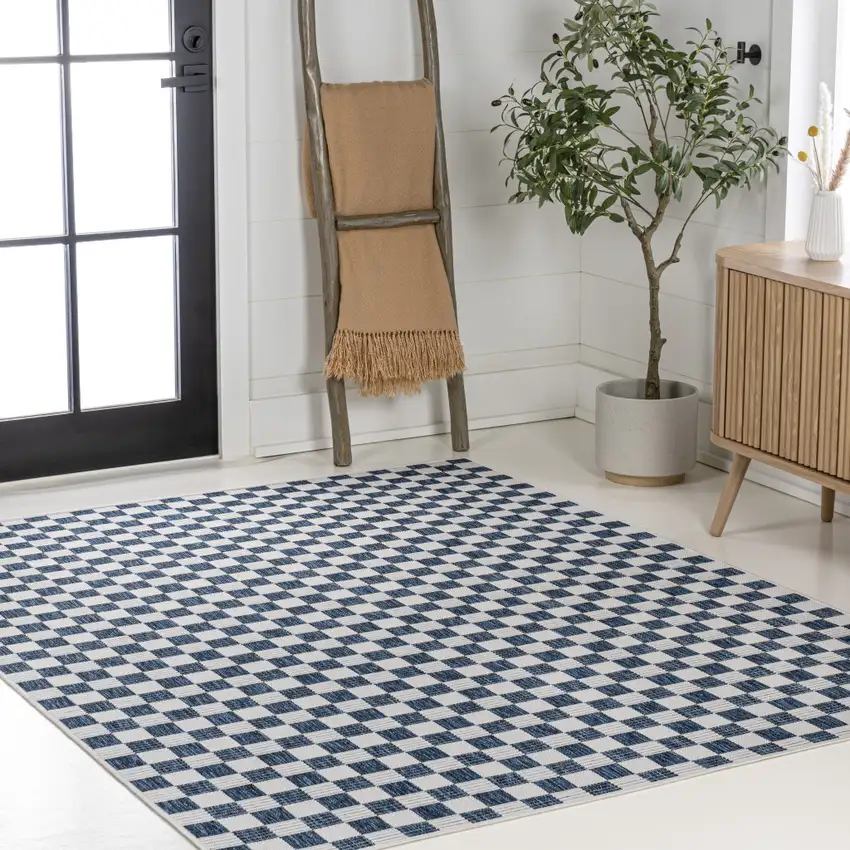 Navy Blue And Cream Geometric Indoor Outdoor Area Rug Photo 8