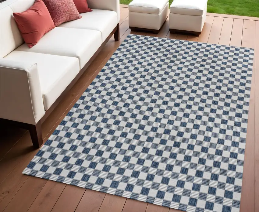 Navy Blue And Cream Geometric Indoor Outdoor Area Rug Photo 1