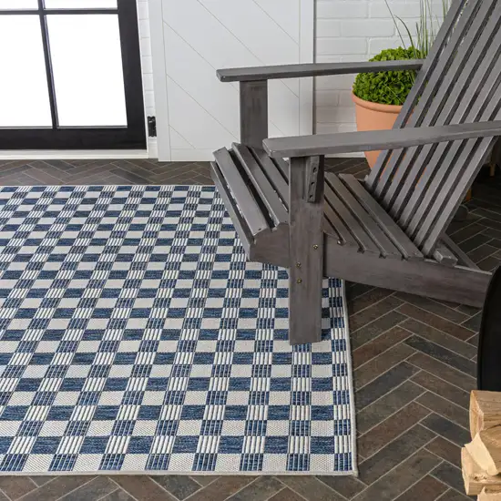 Navy Blue And Cream Geometric Indoor Outdoor Area Rug Photo 8