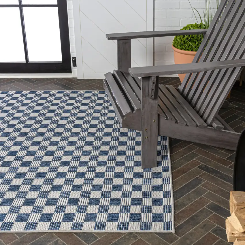 Navy Blue And Cream Geometric Indoor Outdoor Area Rug Photo 8