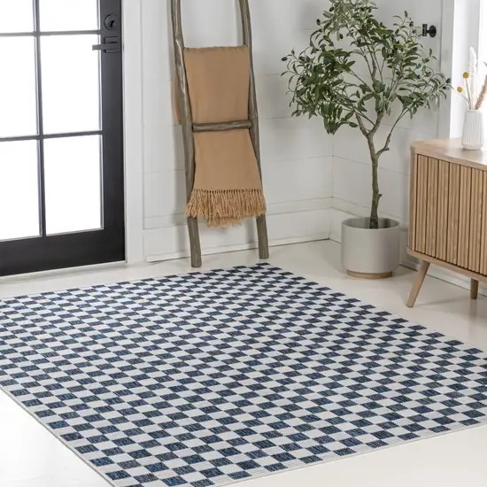 Navy Blue And Cream Geometric Indoor Outdoor Area Rug Photo 7