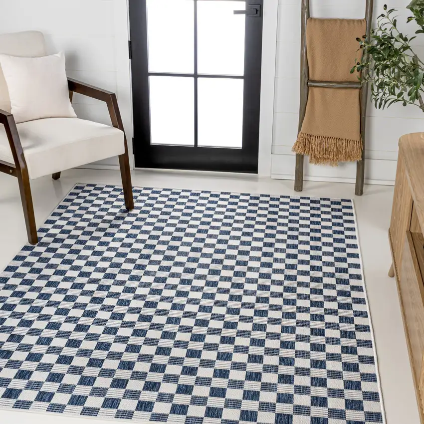 Navy Blue And Cream Geometric Indoor Outdoor Area Rug Photo 4