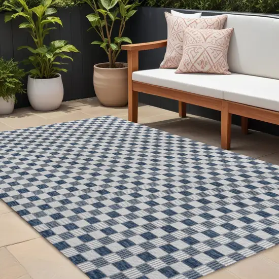 Navy Blue And Cream Geometric Indoor Outdoor Area Rug Photo 1