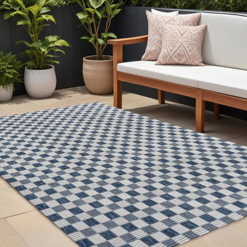 Navy Blue And Cream Geometric Indoor Outdoor Area Rug Photo 1