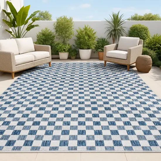 Navy Blue And Cream Geometric Indoor Outdoor Area Rug Photo 4
