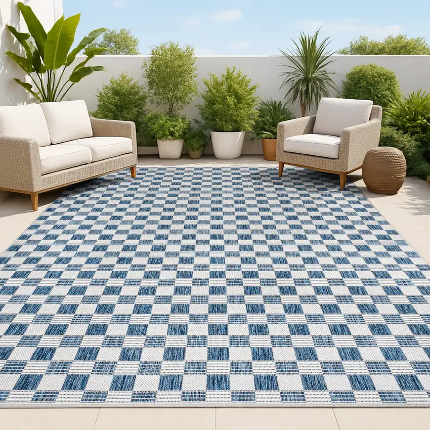 Navy Blue And Cream Geometric Indoor Outdoor Area Rug Photo 4