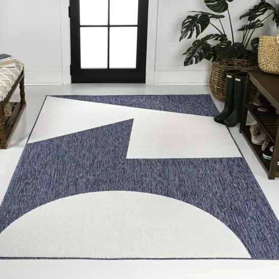 Navy Blue And Cream Geometric Indoor Outdoor Area Rug Photo 4