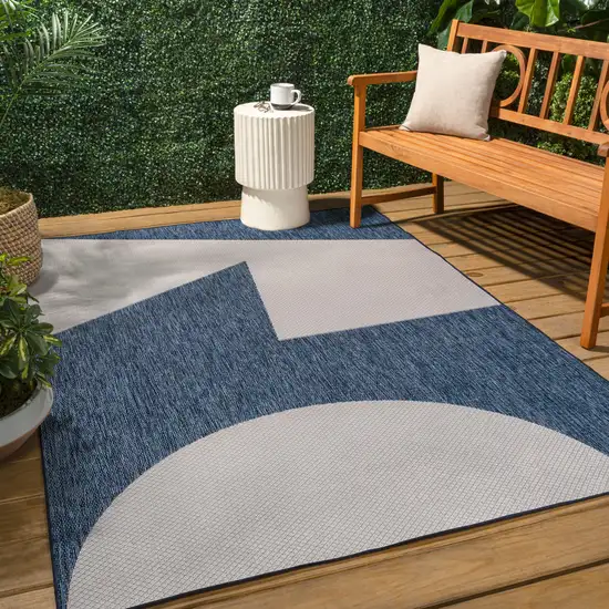 Navy Blue And Cream Geometric Indoor Outdoor Area Rug Photo 5