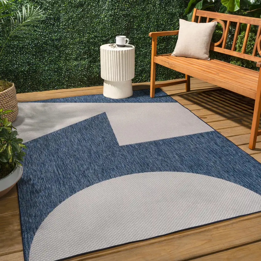 Navy Blue And Cream Geometric Indoor Outdoor Area Rug Photo 5
