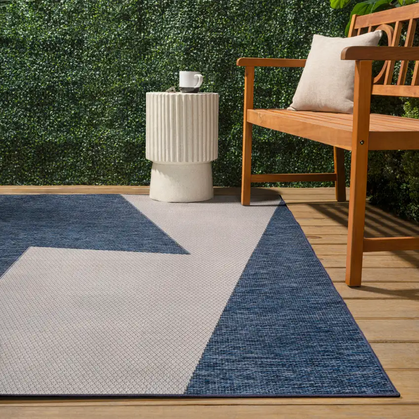 Navy Blue And Cream Geometric Indoor Outdoor Area Rug Photo 6
