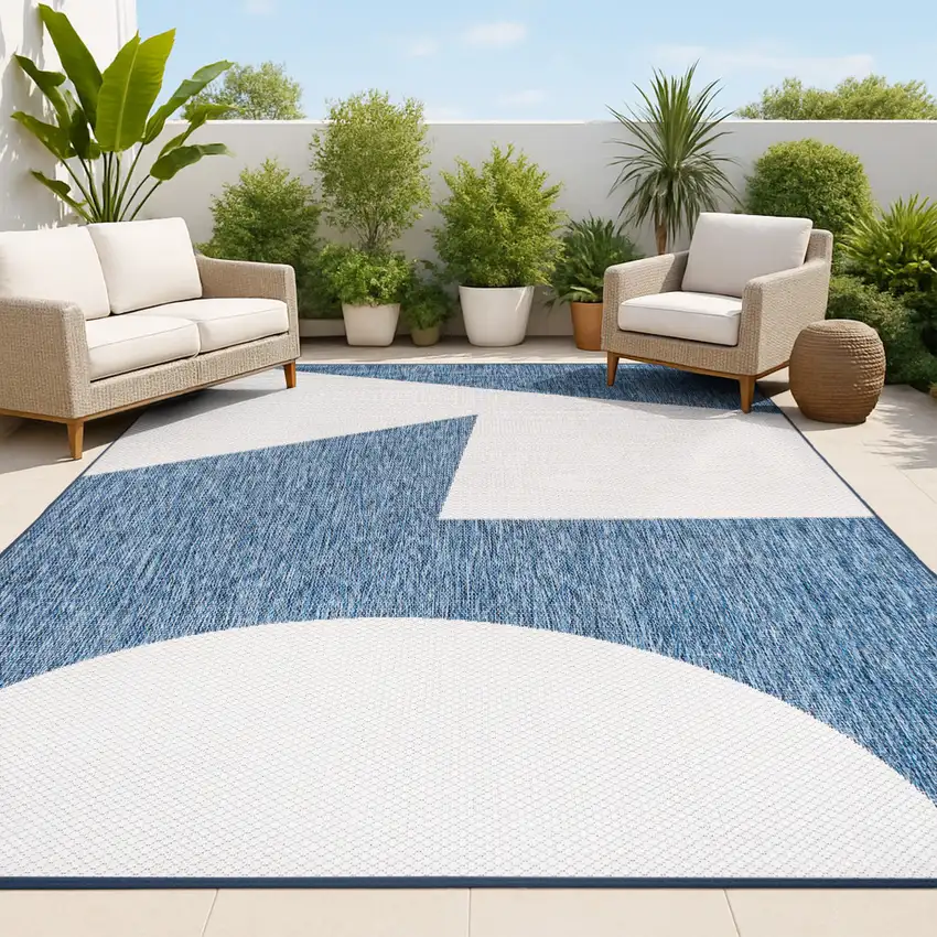 Navy Blue And Cream Geometric Indoor Outdoor Area Rug Photo 1