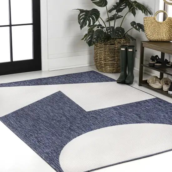 Navy Blue And Cream Geometric Indoor Outdoor Area Rug Photo 2