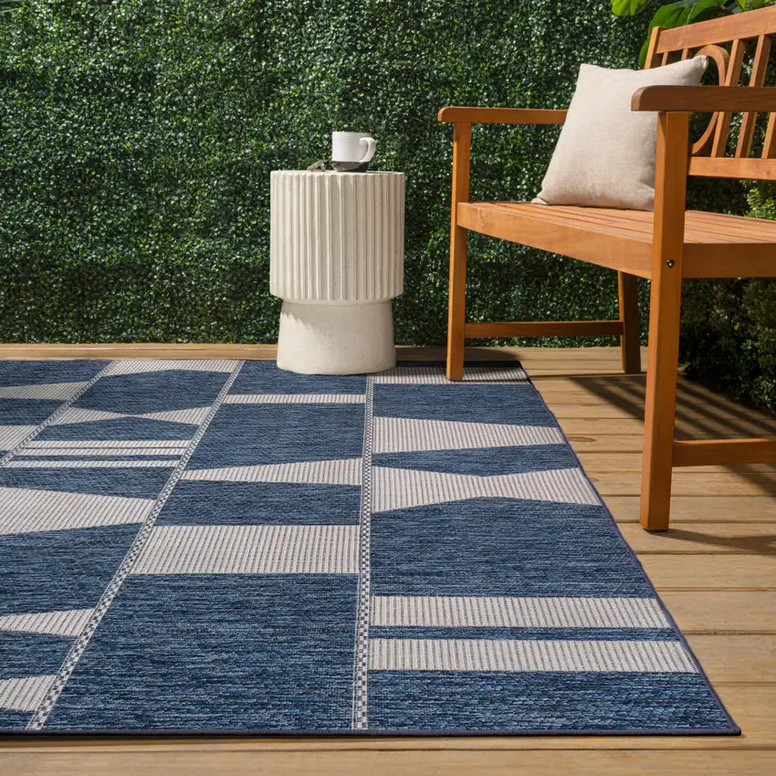 Navy Blue And Cream Geometric Indoor Outdoor Area Rug Photo 7