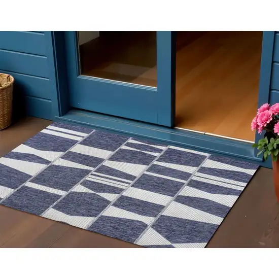 Navy Blue And Cream Geometric Indoor Outdoor Area Rug Photo 1