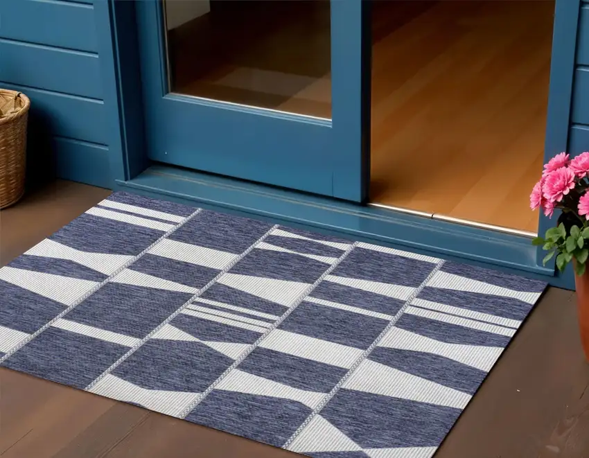 Navy Blue And Cream Geometric Indoor Outdoor Area Rug Photo 1