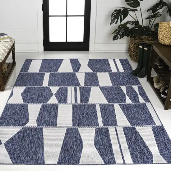 Navy Blue And Cream Geometric Indoor Outdoor Area Rug Photo 5