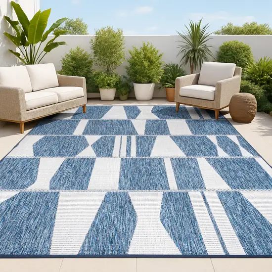 Navy Blue And Cream Geometric Indoor Outdoor Area Rug Photo 3