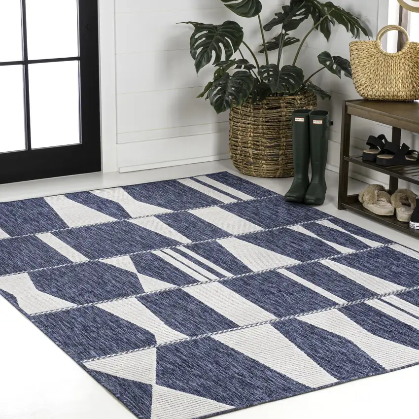Navy Blue And Cream Geometric Indoor Outdoor Area Rug Photo 4