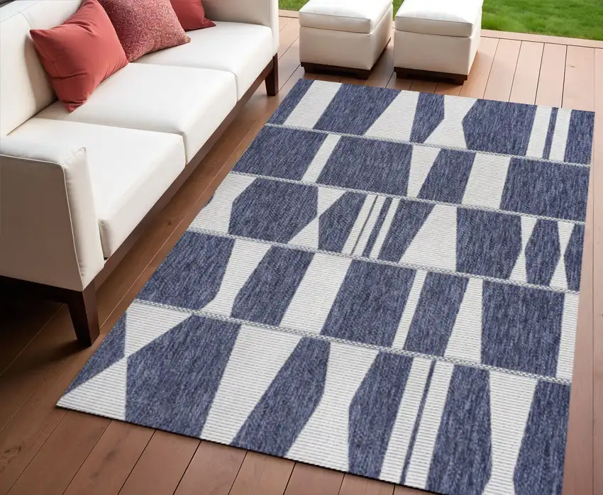 Navy Blue And Cream Geometric Indoor Outdoor Area Rug Photo 1