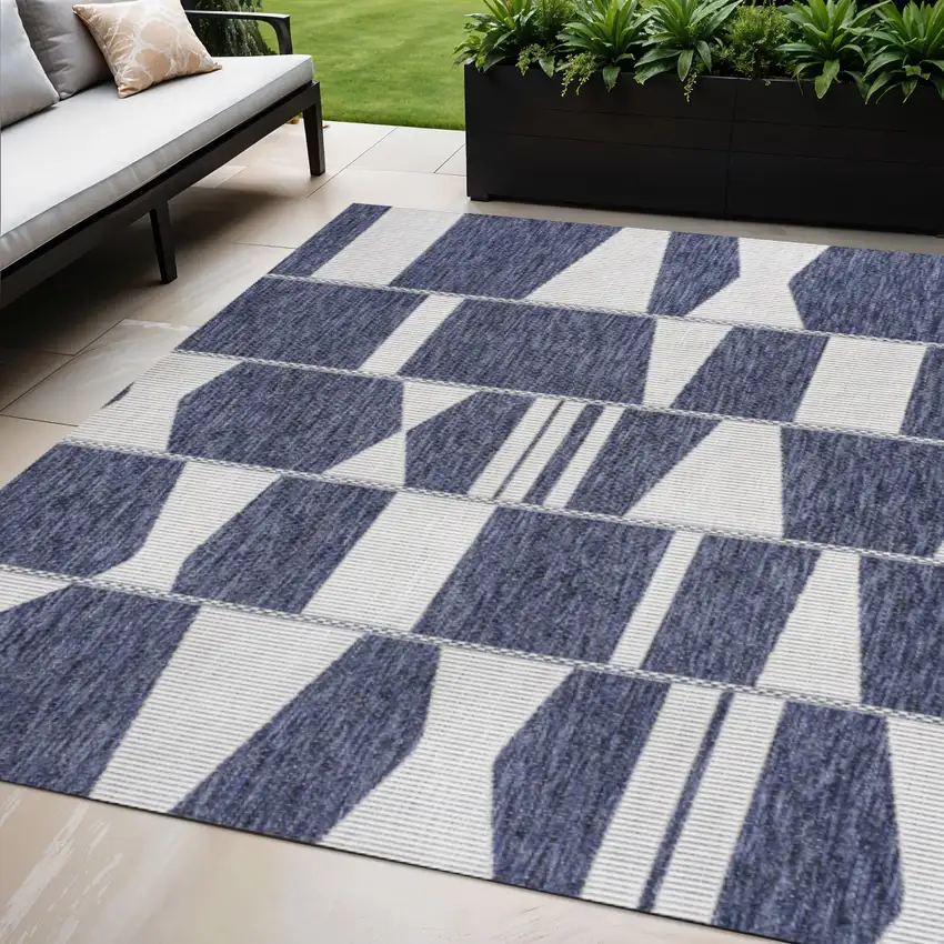 Navy Blue And Cream Geometric Indoor Outdoor Area Rug Photo 1