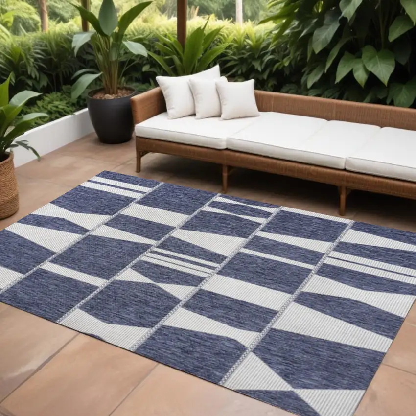 Navy Blue And Cream Geometric Indoor Outdoor Area Rug Photo 1
