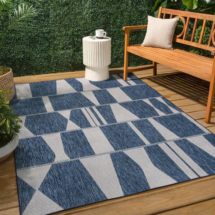 Navy Blue And Cream Geometric Indoor Outdoor Area Rug Photo 6