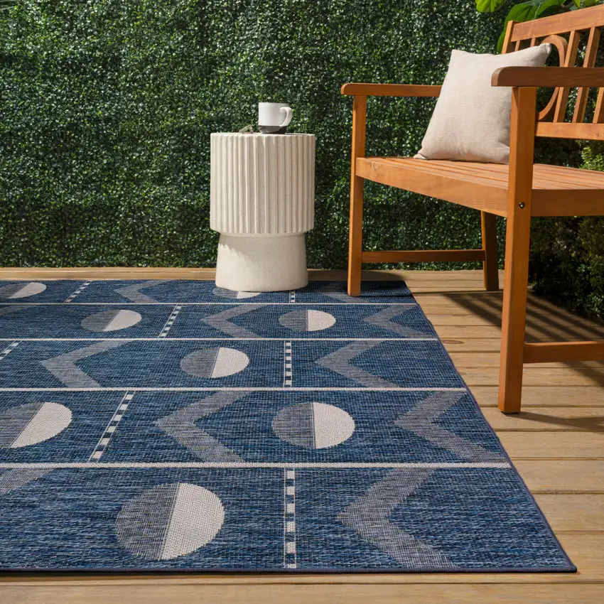 Navy Blue And Cream Geometric Indoor Outdoor Area Rug Photo 8