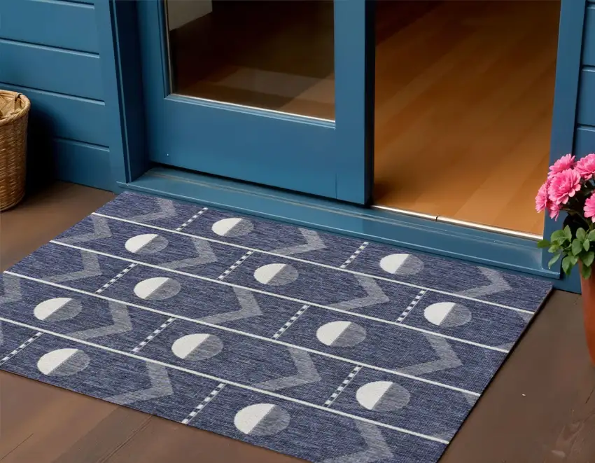 Navy Blue And Cream Geometric Indoor Outdoor Area Rug Photo 1