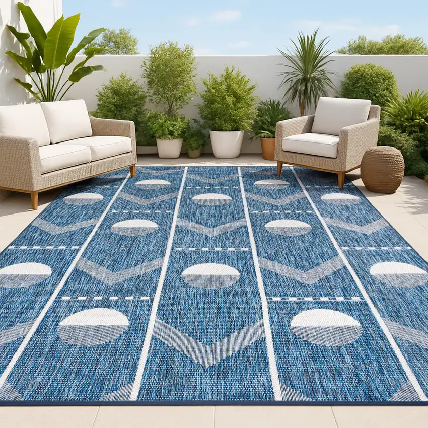 Navy Blue And Cream Geometric Indoor Outdoor Area Rug Photo 4