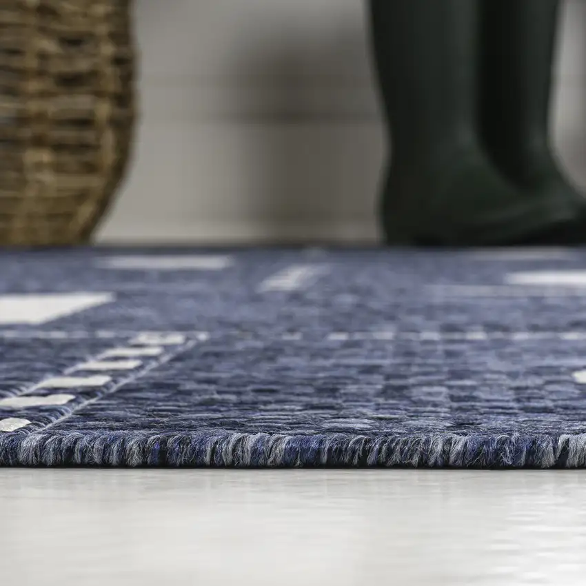 Navy Blue And Cream Geometric Indoor Outdoor Area Rug Photo 9