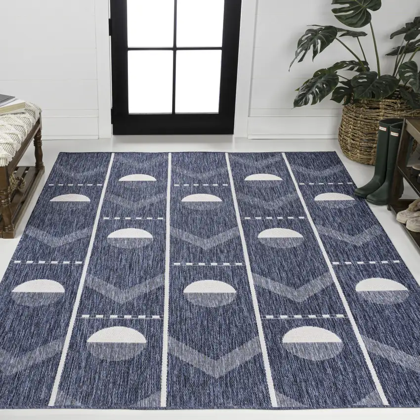 Navy Blue And Cream Geometric Indoor Outdoor Area Rug Photo 6