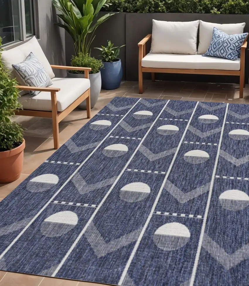 Navy Blue And Cream Geometric Indoor Outdoor Area Rug Photo 1