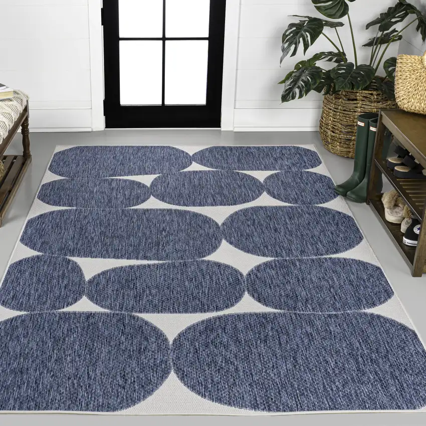 Navy Blue And Cream Geometric Indoor Outdoor Area Rug Photo 5