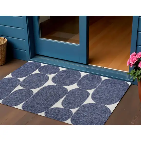 Navy Blue And Cream Geometric Indoor Outdoor Area Rug Photo 1